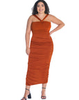 Halter Cross Neck Ruched Plus Size Bodycon Mid Dress