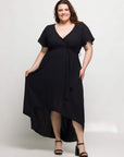 24seven Comfort Apparel Plus Size V Neck Belted Faux Wrap High Low Dress