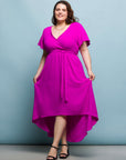 24seven Comfort Apparel Plus Size V Neck Belted Faux Wrap High Low Dress