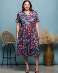 24seven Comfort Apparel Plus Size Brown and Pink Print Short Sleeve Tie Waist Midi Dress