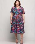 24seven Comfort Apparel Plus Size Brown and Pink Print Short Sleeve Tie Waist Midi Dress