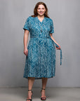 24seven Comfort Apparel Plus Size Teal Print Short Sleeve Tie Waist Midi Dress