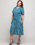 24seven Comfort Apparel Plus Size Teal Print Short Sleeve Tie Waist Midi Dress