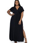 24seven Comfort Apparel Plus Size Flutter Sleeve Metallic Knit Maxi Dress Front Slit Empire Waist