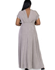 24seven Comfort Apparel Plus Size Flutter Sleeve Metallic Knit Maxi Dress Front Slit Empire Waist