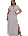 24seven Comfort Apparel Plus Size Flutter Sleeve Metallic Knit Maxi Dress Front Slit Empire Waist