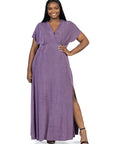 24seven Comfort Apparel Plus Size Flutter Sleeve Metallic Knit Maxi Dress Front Slit Empire Waist