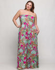 24seven Comfort Apparel Plus Size Pink Paisley A Line Strapless Maxi Dress With Pockets
