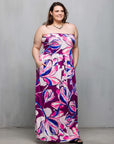 24seven Comfort Apparel Plus Size Purple Floral A Line Strapless Maxi Dress With Pockets