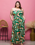 24seven Comfort Apparel Plus Size Green Print A Line Strapless Maxi Dress With Pockets