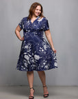 24seven Comfort Apparel Plus Size Navy Print Short Sleeve Knee Length V Neck Wrap Dress