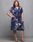 24seven Comfort Apparel Plus Size Navy Print Short Sleeve Knee Length V Neck Wrap Dress