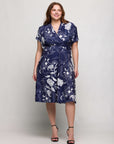 24seven Comfort Apparel Plus Size Navy Print Short Sleeve Knee Length V Neck Wrap Dress