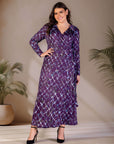 Plus Size Purple Print Collared Wrap Maxi Dress