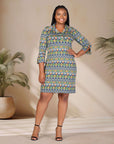 Plus Size Green Geometric Print Three Quarter Sleeve Collar Mini Dress