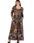 Plus Size Green Long Sleeve Empire Waist Pocket Maxi Dress