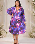 Plus Size Multicolor Pleated V Neck Empire Waist Bishop Sleeve Midi Dress