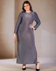 Plus Size Fitted Long Sleeve Shimmery Fabric Side Slit Maxi Dress