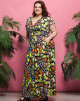24seven Comfort Apparel Plus Size Butterfly Print Cap Sleeve V Neck Side Slit Pocket Maxi Dress