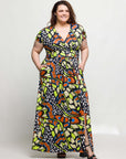 24seven Comfort Apparel Plus Size Butterfly Print Cap Sleeve V Neck Side Slit Pocket Maxi Dress
