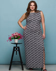 24seven Comfort Apparel Plus Size Black and White Print Sleeveless Side Slit Maxi Dress