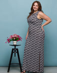 24seven Comfort Apparel Plus Size Black and White Print Sleeveless Side Slit Maxi Dress
