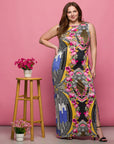 24seven Comfort Apparel Plus Size Geometric Floral Print Sleeveless Side Slit Maxi Dress