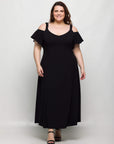24seven Comfort Apparel Plus Size Cold Sholder Ruffle Sleeve A Line Maxi Dress