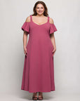 24seven Comfort Apparel Plus Size Cold Sholder Ruffle Sleeve A Line Maxi Dress