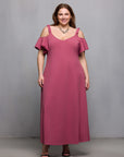 24seven Comfort Apparel Plus Size Cold Sholder Ruffle Sleeve A Line Maxi Dress