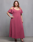 24seven Comfort Apparel Plus Size Cold Sholder Ruffle Sleeve A Line Maxi Dress