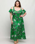 24seven Comfort Apparel Plus Size Green Floral Cold Sholder Ruffle Sleeve A Line Maxi Dress