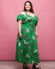 24seven Comfort Apparel Plus Size Green Floral Cold Sholder Ruffle Sleeve A Line Maxi Dress