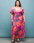24seven Comfort Apparel Plus Size Pink Paisley Cold Sholder Ruffle Sleeve A Line Maxi Dress