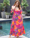 24seven Comfort Apparel Plus Size Pink Paisley Cold Sholder Ruffle Sleeve A Line Maxi Dress