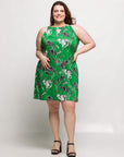 24seven Comfort Apparel Plus Size Knee Length Green Floral Print Sleeveless Keyhole Dress