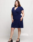 24seven Comfort Apparel Plus Size Mandarin Collar Knee Length Wrap Dress