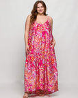24seven Comfort Apparel Plus Size Pink Print Lightweight Spaghetti Strap Pocket Maxi Dress