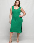 24seven Comfort Apparel Plus Size Fitted Sleeveless Side Slit Midi Dress