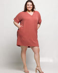 24seven Comfort Apparel Plus Size V Neck Loose Fit Short Sleeve Pocket T Shirt Dress