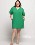 24seven Comfort Apparel Plus Size V Neck Loose Fit Short Sleeve Pocket T Shirt Dress