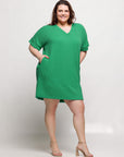 24seven Comfort Apparel Plus Size V Neck Loose Fit Short Sleeve Pocket T Shirt Dress