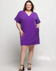 24seven Comfort Apparel Plus Size V Neck Loose Fit Short Sleeve Pocket T Shirt Dress