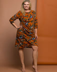 24seven Comfort Apparel Plus Size Elbow Sleeve Ruched Tulip Fall Print Mini Dress
