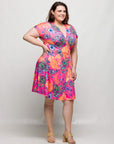 24seven Comfort Apparel Plus Size Pink Paisley V Neck Empire Waist Knee Length Dress
