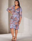 Plus Size Grey Print Three Quarter Sleeve Faux Wrap Dress
