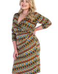 Fall Geometric Print Knee Length Faux Wrap Plus Size Dress