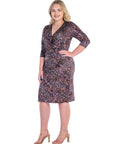 Fall Print Knee Length Faux Wrap Plus Size Dress
