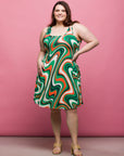 24seven Comfort Apparel Plus Size Green Print Sleeveless Knee Length Tank Swing Dress