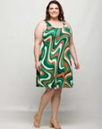24seven Comfort Apparel Plus Size Green Print Sleeveless Knee Length Tank Swing Dress